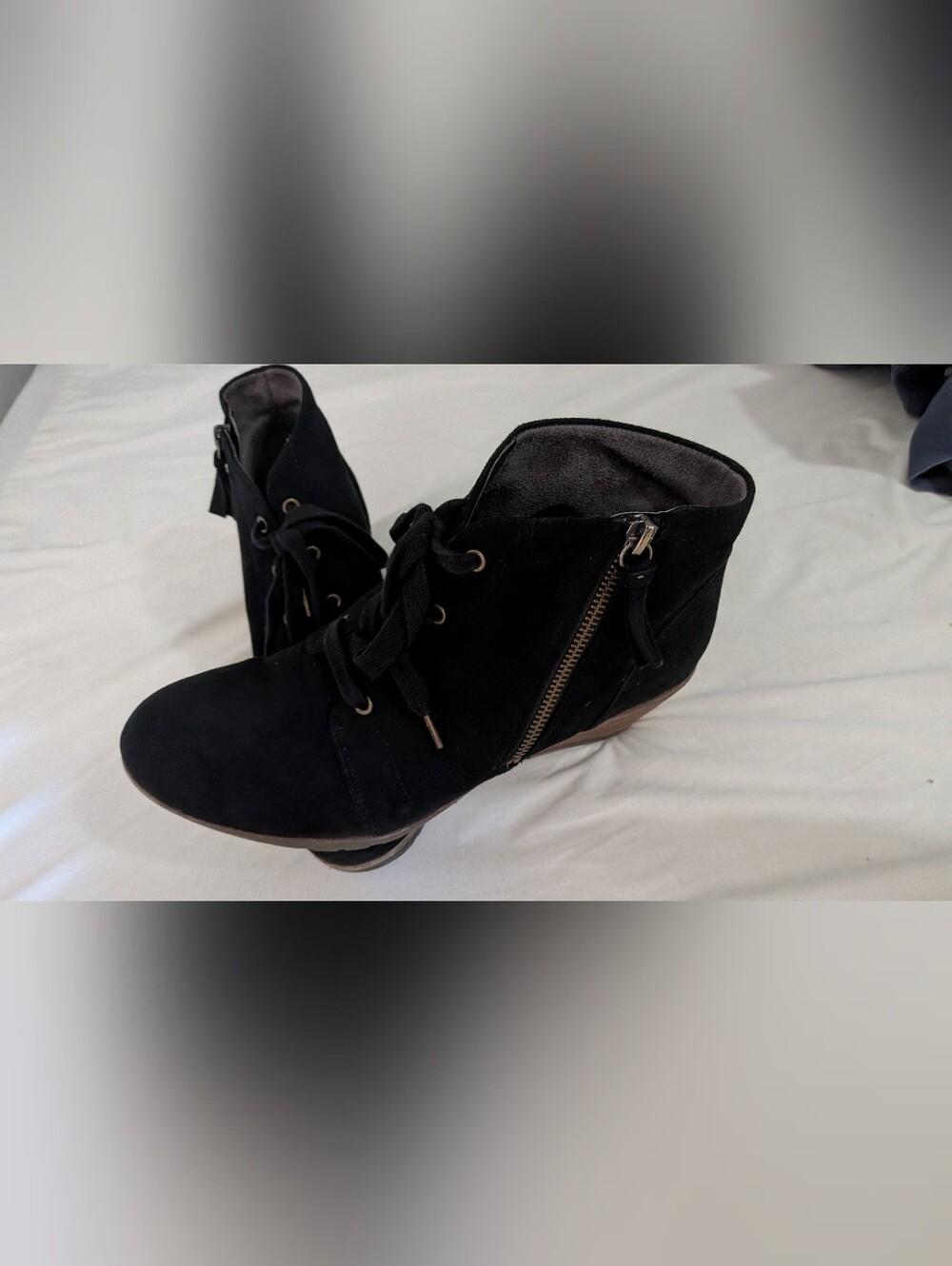 Women's Black Suede Lace-Up Wedge Bootie with Side Zip Sz 8.5